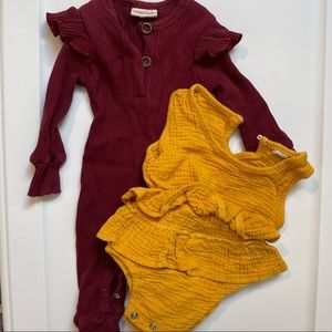 Boutique style rompers 3-6 month mustard/wine colored with ruffles super stretch